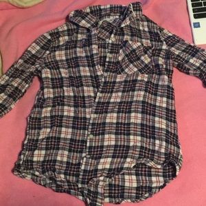 Pink, dark blue, and white long sleeve flannel.